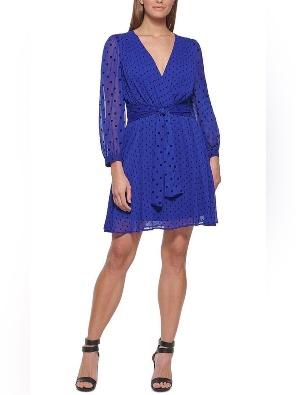DKNY Cobalt Blue Polka Dot Long Sleeve Wrap Dress